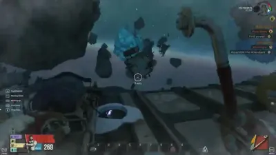 Breathedge 2 Outskirts exterior with a hand tool aimed at an icy wreck and the Chapter 1 quest list on screen