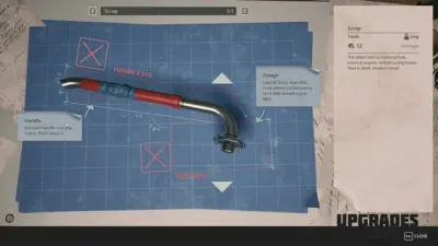 Breathedge 2 UPGRADES screen showing the Scrap tool blueprint with Handle and Flange parts