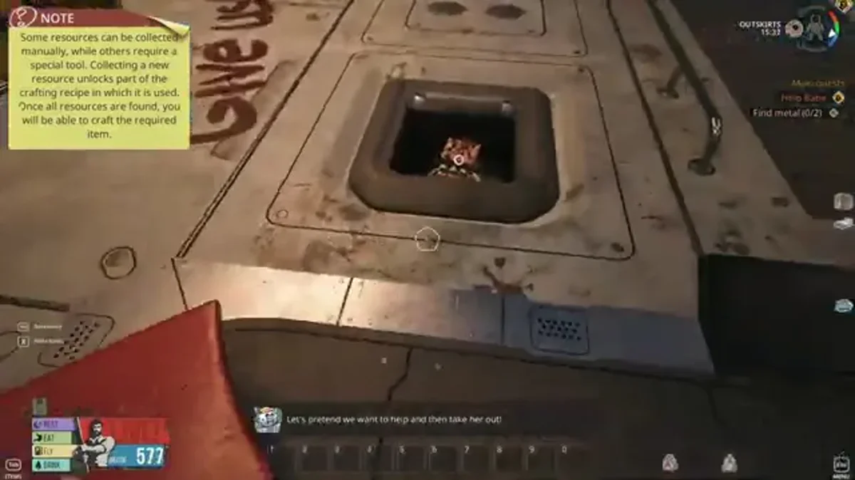 Opened resource compartment in Breathedge 2 Outskirts displaying manual scavenging prompts.