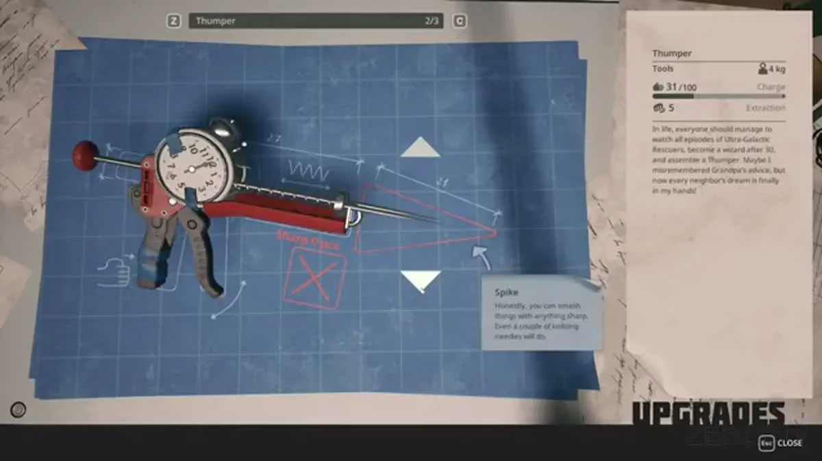 Thumper upgrades blueprint diagram displayed in the Breathedge 2 crafting research menu.