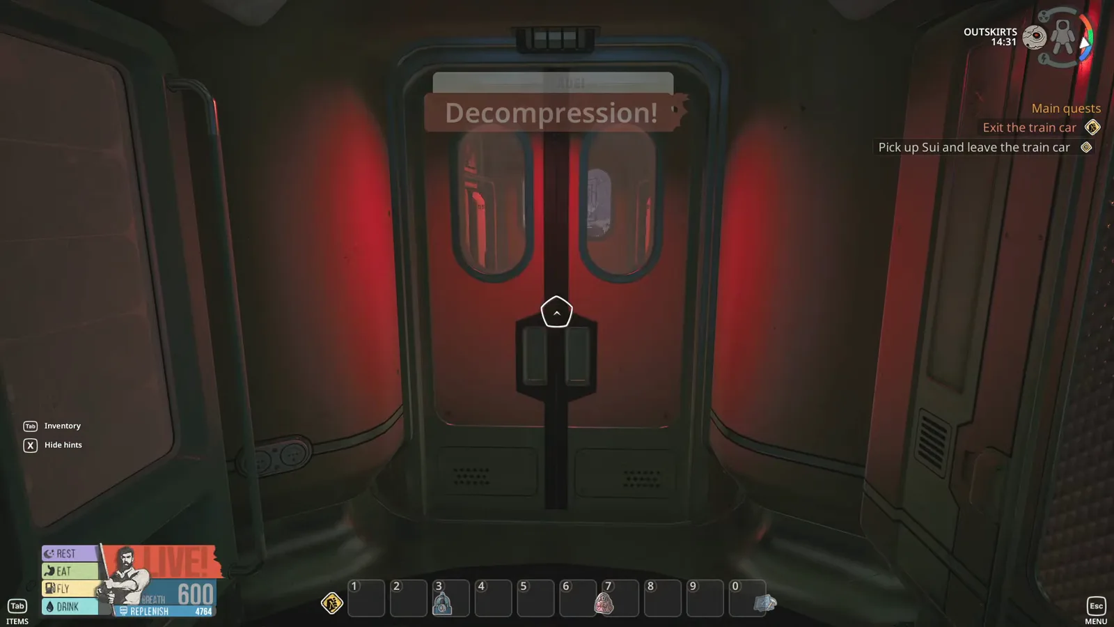 Pulling the emergency brake lever inside the stationary train in Breathedge 2 Chapter 1 to pop Emergency Brake achievement
