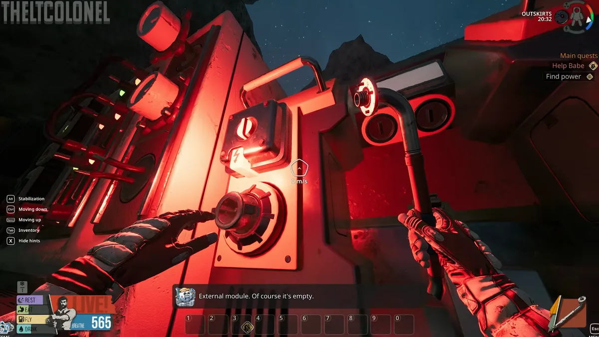 Player installing the salvaged battery into the External Module connector bay beside the orange power cable in Breathedge 2.