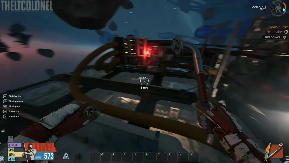 Orange power cable trail leading from the crashed Breathedge 2 locomotive toward the External Module battery housing.