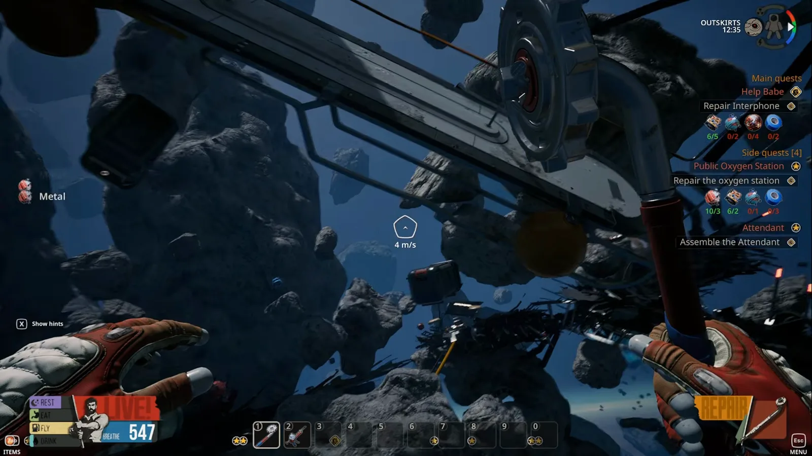 Round red Metal chunks drifting through the debris field between Outskirts platforms in Breathedge 2.