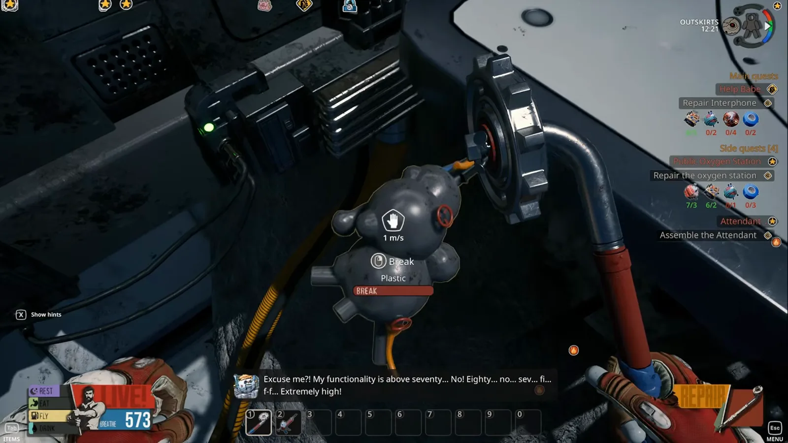 Close-up of the same grey bubbly plastic node in Breathedge 2 pressed against a hull panel — a shape most players read as decoration rather than loot.
