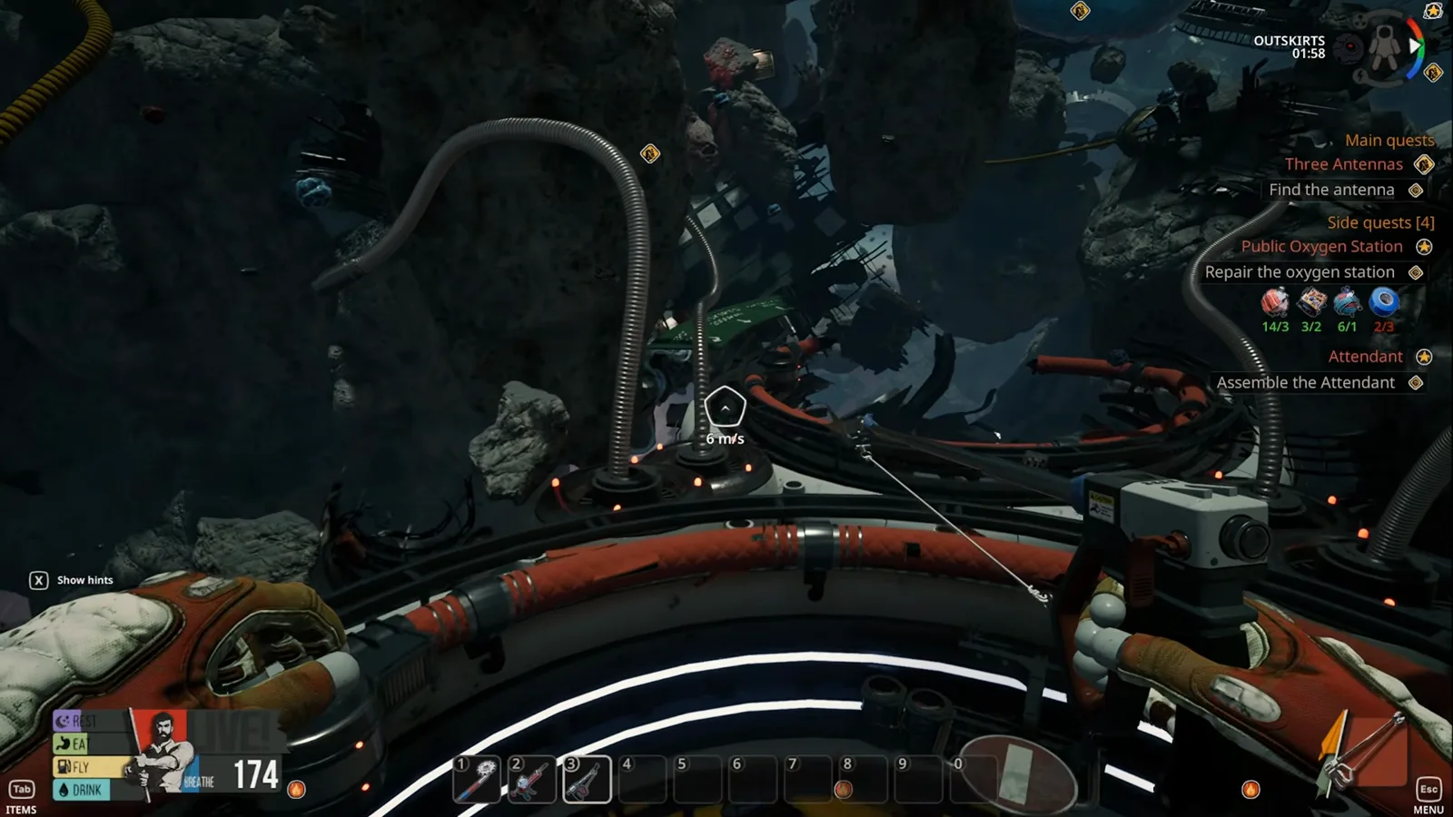 A live Oxyworm being captured near an Oxyworm Nest in Breathedge 2 before placing it into the backpack inventory.