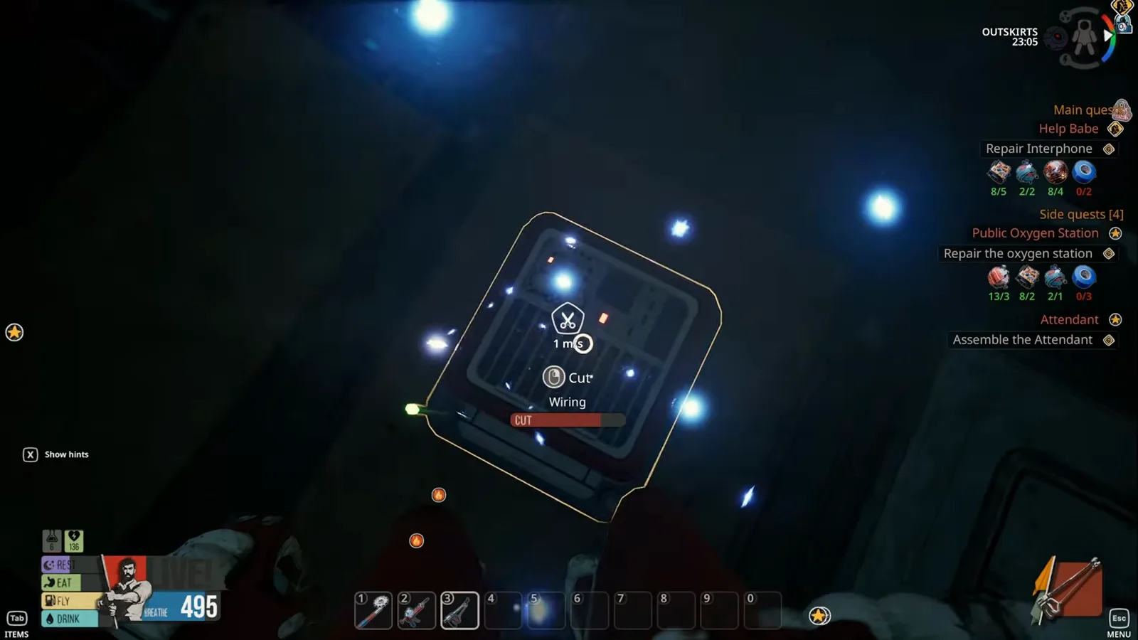 The interior of an electrical box in Breathedge 2 showing Wiring bundles that must be cut out with the Cutter Tool.