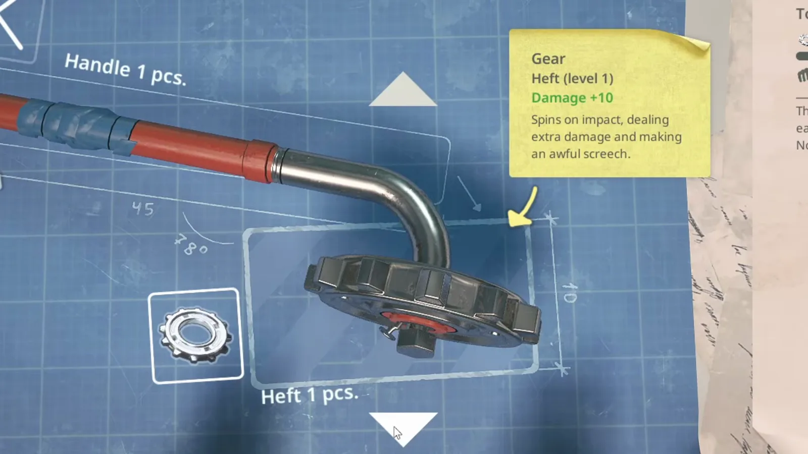 Breathedge 2 Workbench interface listing Heft, Edge, Handle, Protection, and Container upgrade categories for equipped tools.