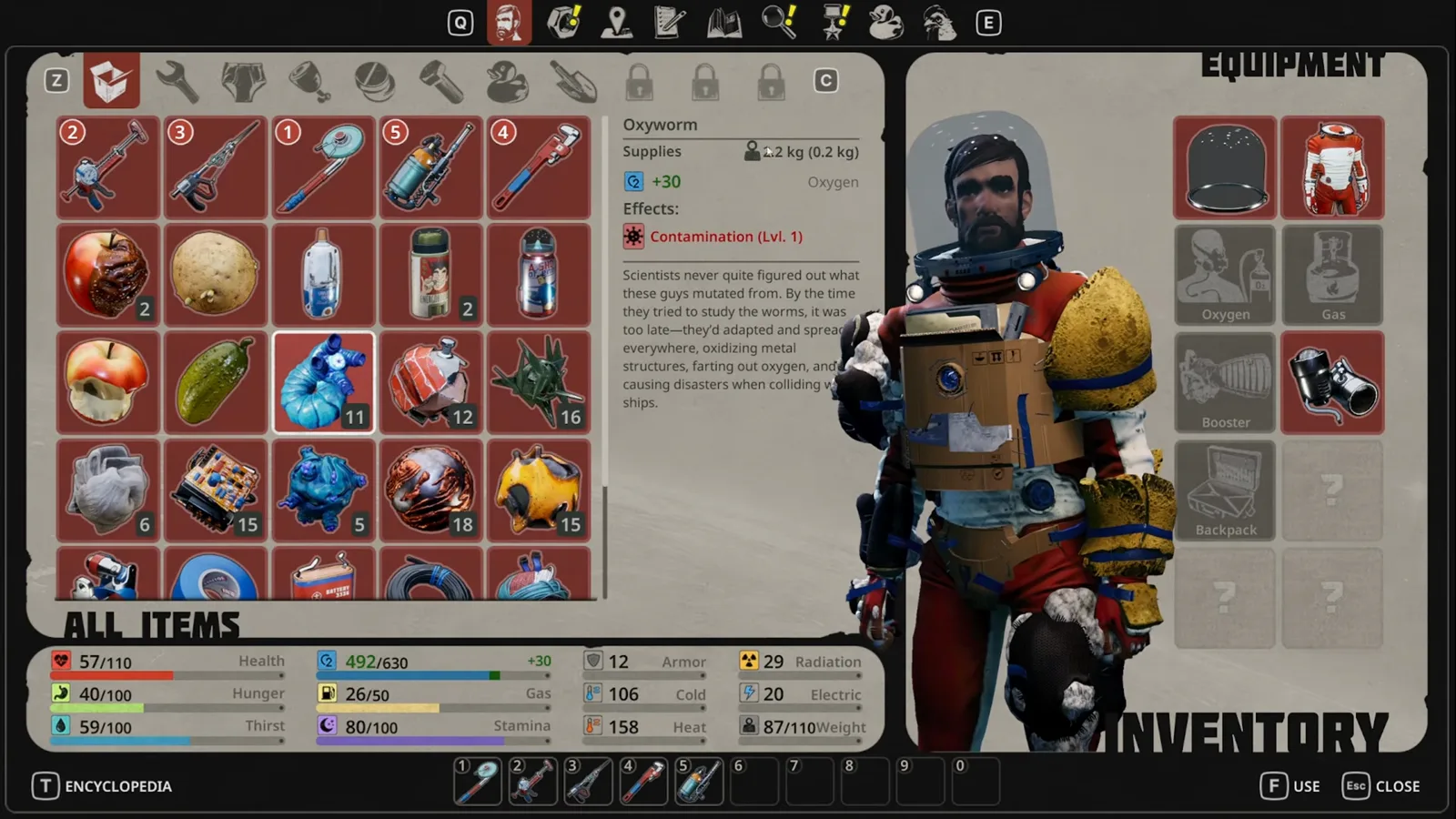 Inventory and equipment screen in Breathedge 2 showing the character in DIY cardboard armor with module slots and survival stats.