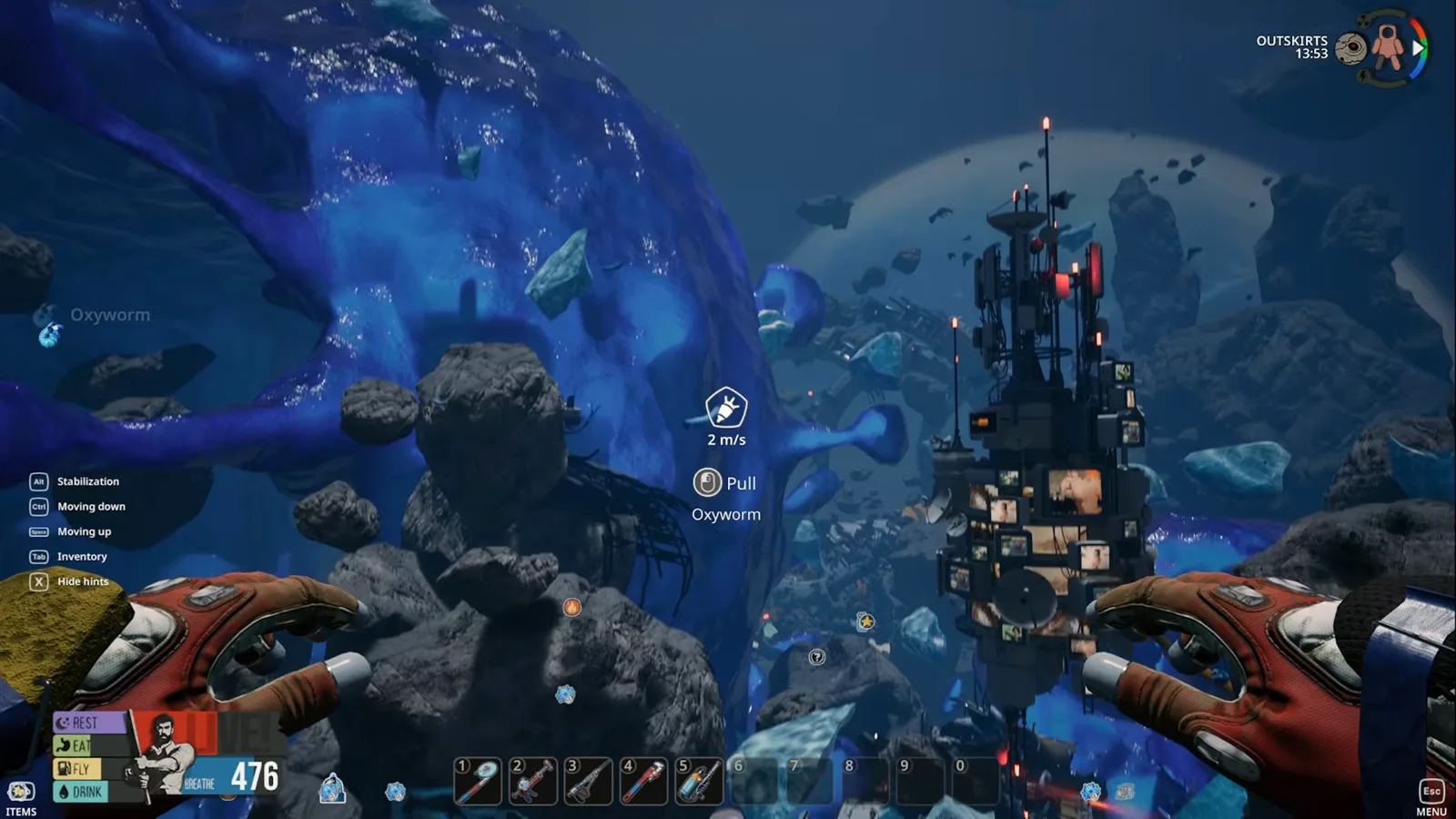 Wreck field in the Station Outskirts of Breathedge 2, with a giant blue Oxyworm and antenna towers under a planet horizon.