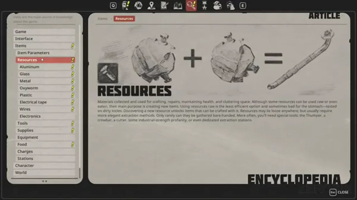 Breathedge 2 in-game encyclopedia entry detailing resource properties and required extraction verbs.