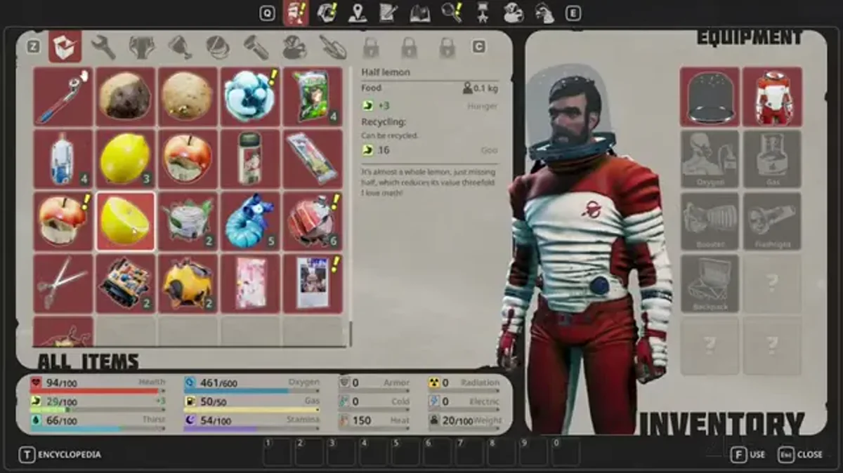 Suit equipment screen showing armor slots, thermal insulation modules, and inventory layout.